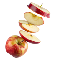 A delicious red apple sliced into perfect segments floating in midair against a white background png