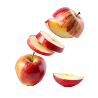 A Red Apple Sliced and in Pieces Floating in the Air Isolated on White Background png