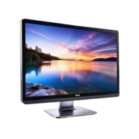 Stunning View of a Serene Lake at Sunset Displayed on a Sleek Modern Computer Monitor png