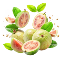 Fresh Juicy Guavas with Green Leaves and Seeds in a Vibrant Display png