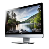 Sleek Silver Computer Monitor Displaying a Serene Lakeside View png