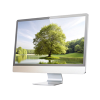 Modern All in One Computer Displaying Serene Nature Scene Featuring a Large Tree by a Lake png