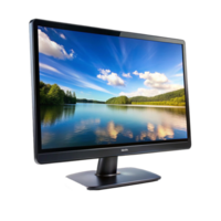 High Definition Widescreen LED Computer Monitor Displaying Serene Lakeside Scenery png
