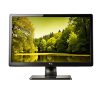 Black LCD computer monitor displaying a scenic landscape image of a lake and lush green trees png