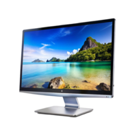 Sleek Silver Computer Monitor Displaying a Stunning Tropical Beach Scene png