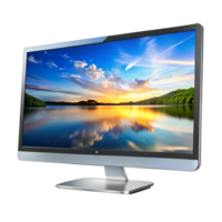 Stunning Wide Screen LED Computer Monitor Displaying a Serene Sunset Lake Landscape png