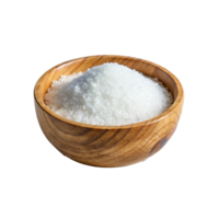A wooden bowl filled with a generous mound of crystalline white salt grains png