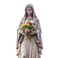 Ancient Weathered Stone Statue of the Virgin Mary Holding a Bouquet of Flowers png
