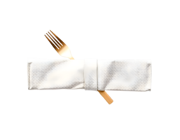 White napkin with golden fork and knife isolated on transparent background png