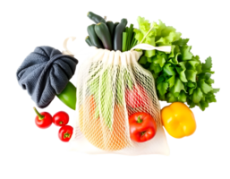 Mesh bag full of fresh vegetables isolated on transparent background png