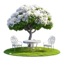 A tree with a table and chairs under it png