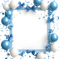 Blue and white balloons and a frame with a ribbon png