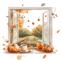 An open window with pumpkins and apples png