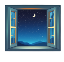 An open window with a view of the night sky png