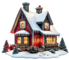 A christmas house with a red roof and windows png
