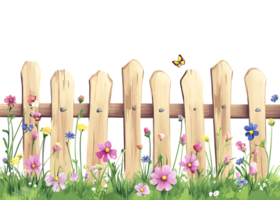 Charming picket fence with blooming flowers and butterfly. png