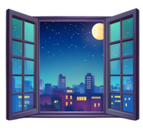 An open window with a city view at night png