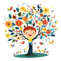 A boy is standing in front of a tree with flowers png