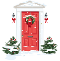 A red door with a wreath on it and a wreath on the door png