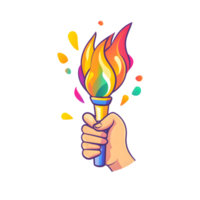 A hand holding a colorful torch with a rainbow on it png