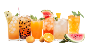 A group of different drinks with fruit and watermelon png