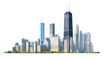 A city skyline with tall buildings and trees png