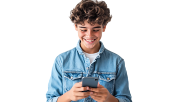 A boy with curly hair is smiling while holding a cell phone png