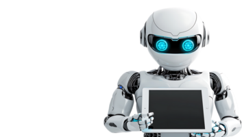 A robot holding a tablet computer with a blank screen png