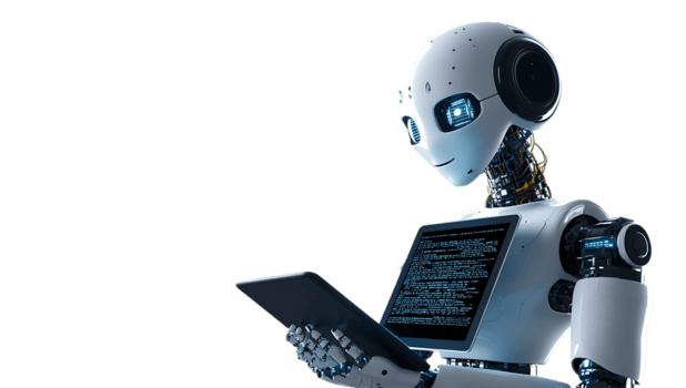 un' robot Tenere un' tavoletta computer nel davanti di un' nero sfondo png