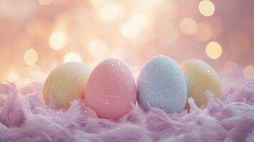 Three colorful easter eggs on a pink background photo