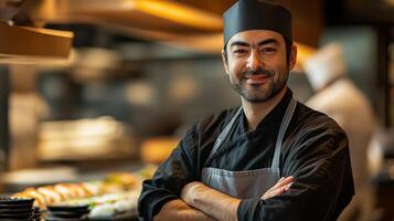 A man in a chef hat is standing in front of a restaurant photo