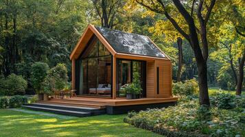 A tiny house in the middle of a lush green field photo