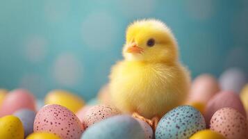 A small yellow chick is sitting in a pile of colorful eggs photo