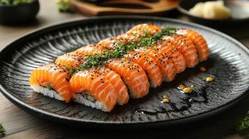 A plate with sushi on it and some chopsticks photo