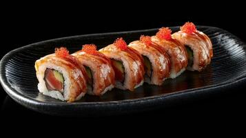 A sushi roll with salmon, avocado and cucumber photo