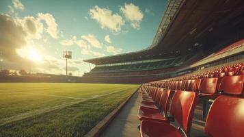 Empty stadium with red chairs and sun shining photo