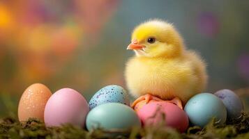 A small chick is sitting on top of colorful eggs photo