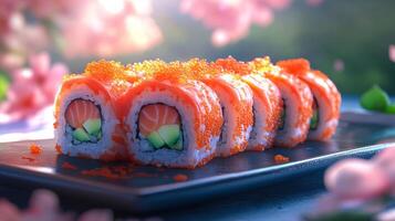 Sushi roll on a plate with cherry blossoms in the background photo