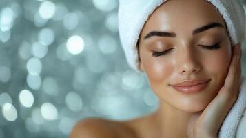 Beautiful woman with towel on her head and eyes closed photo