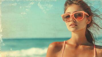 A woman wearing sunglasses on the beach photo