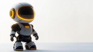 A robot with glowing eyes standing in front of a white background photo