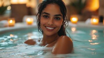 A woman smiling in a hot tub photo