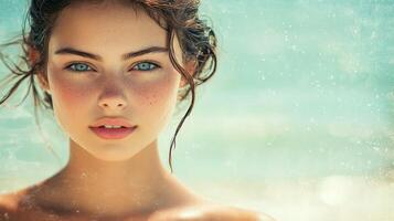 Beautiful woman with blue eyes on beach photo