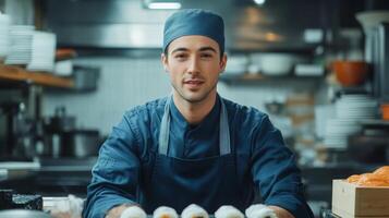A man in a chef hat is holding sushi rolls photo