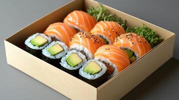 Sushi in a box on a gray surface photo