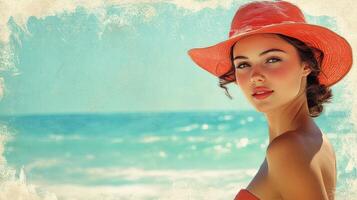 A woman in a red hat and a bikini photo