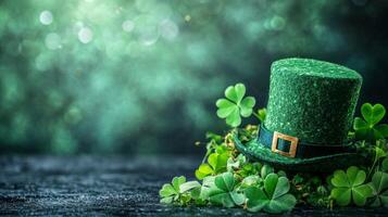 St patrick's day hat and clover leaves on dark background photo