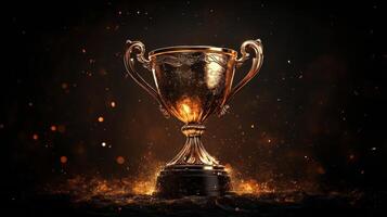 Golden trophy on black background with flames photo