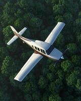 A white airplane with tear flies over a dense green forest photo