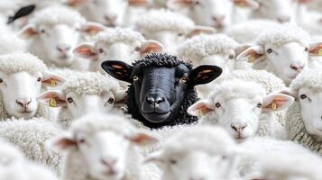 A single black sheep stands out prominently among a dense flock of white sheep photo
